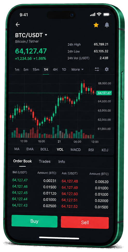 Application mobile Cerisier Capitivo — graphique BTC/USDT en direct, carnet d’ordres et outils de trading